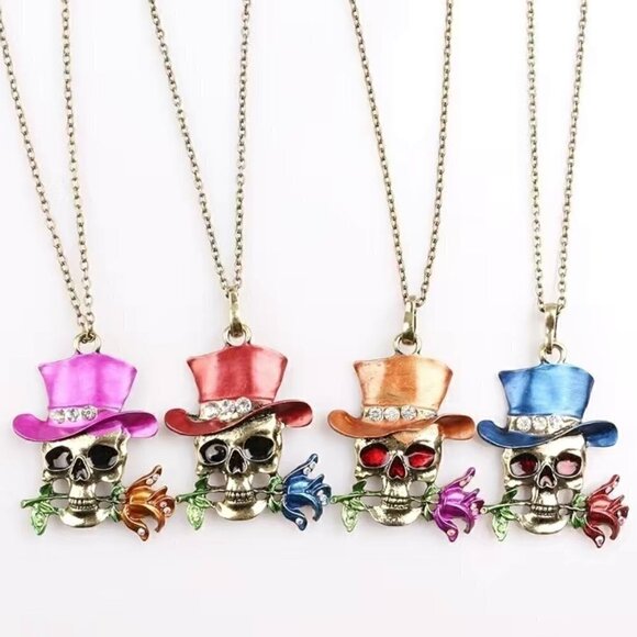 Grinning Skull with Rose and Top Hat Skeleton Necklace / Pendant #869 (red hat) - Picture 8 of 10